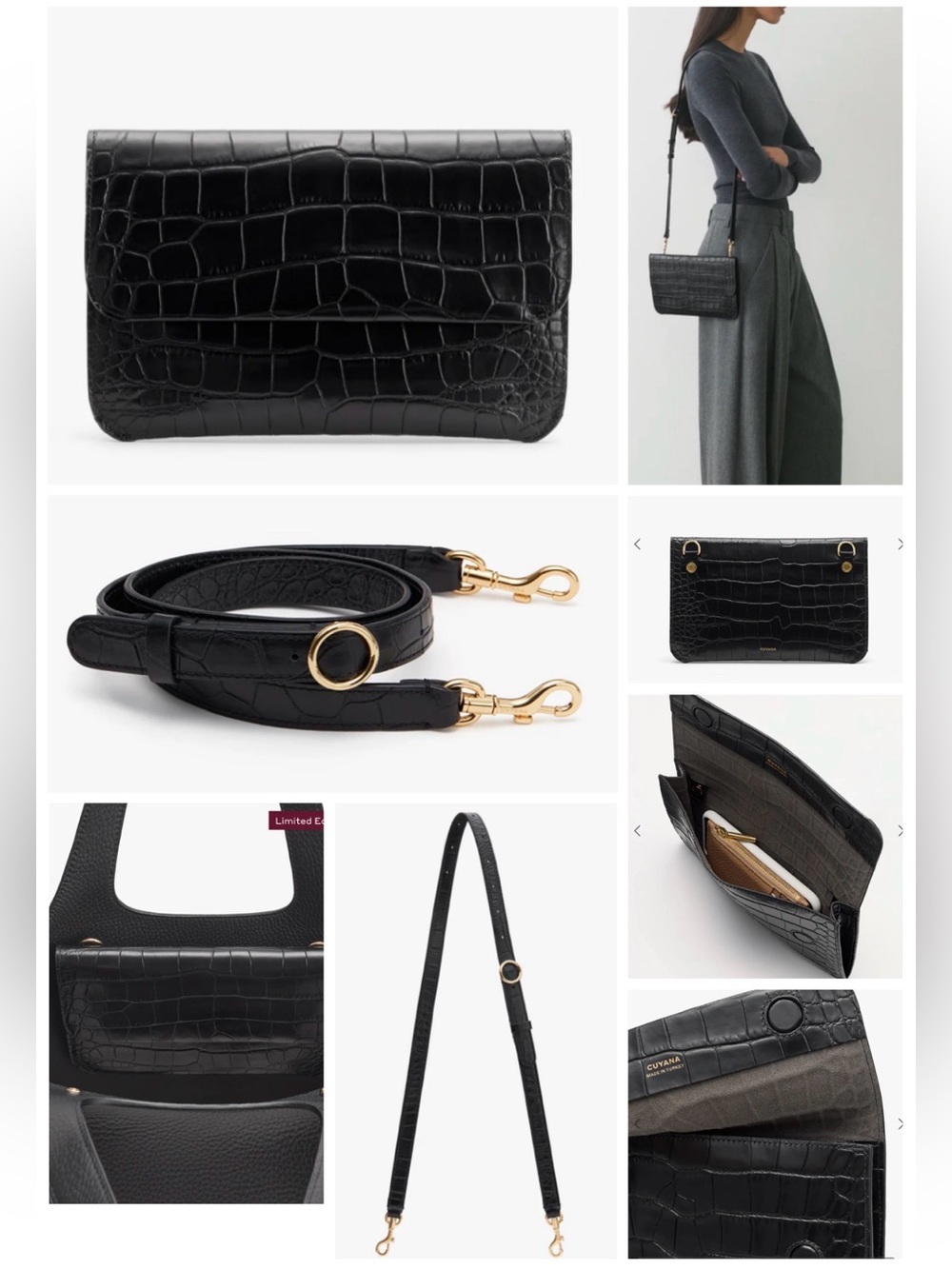 Cuyana System Flap Bag Clutch & Matching Strap Black Croc Embossed EUC